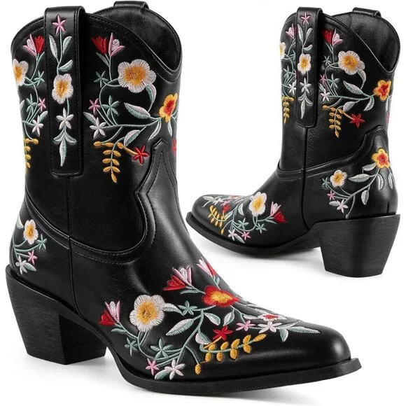 Women's Flower Embroidered Chunky Heel Ankle Snip Square Toe Western Boot Black - Picture 8 of 8